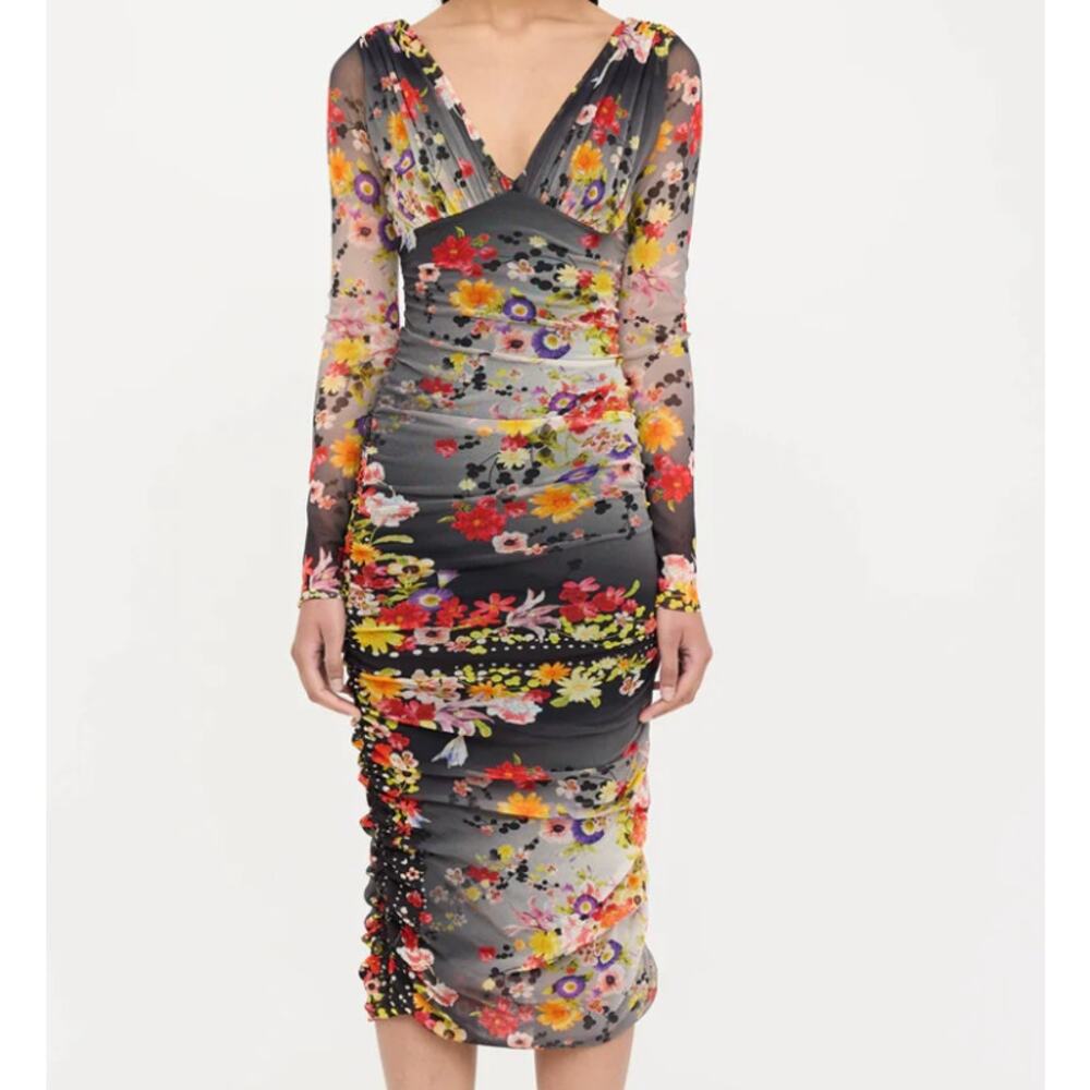 Fuzzi Black Grey Long Sleeve Floral Mesh Bodycon V neck Midi Dress Women's XL